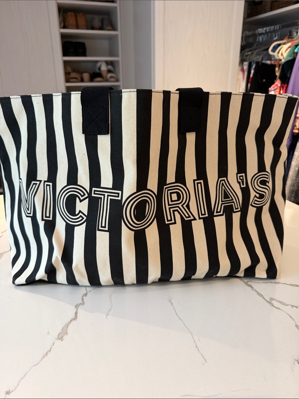 Victoria's Secret Black & Cream Striped Canvas Tote